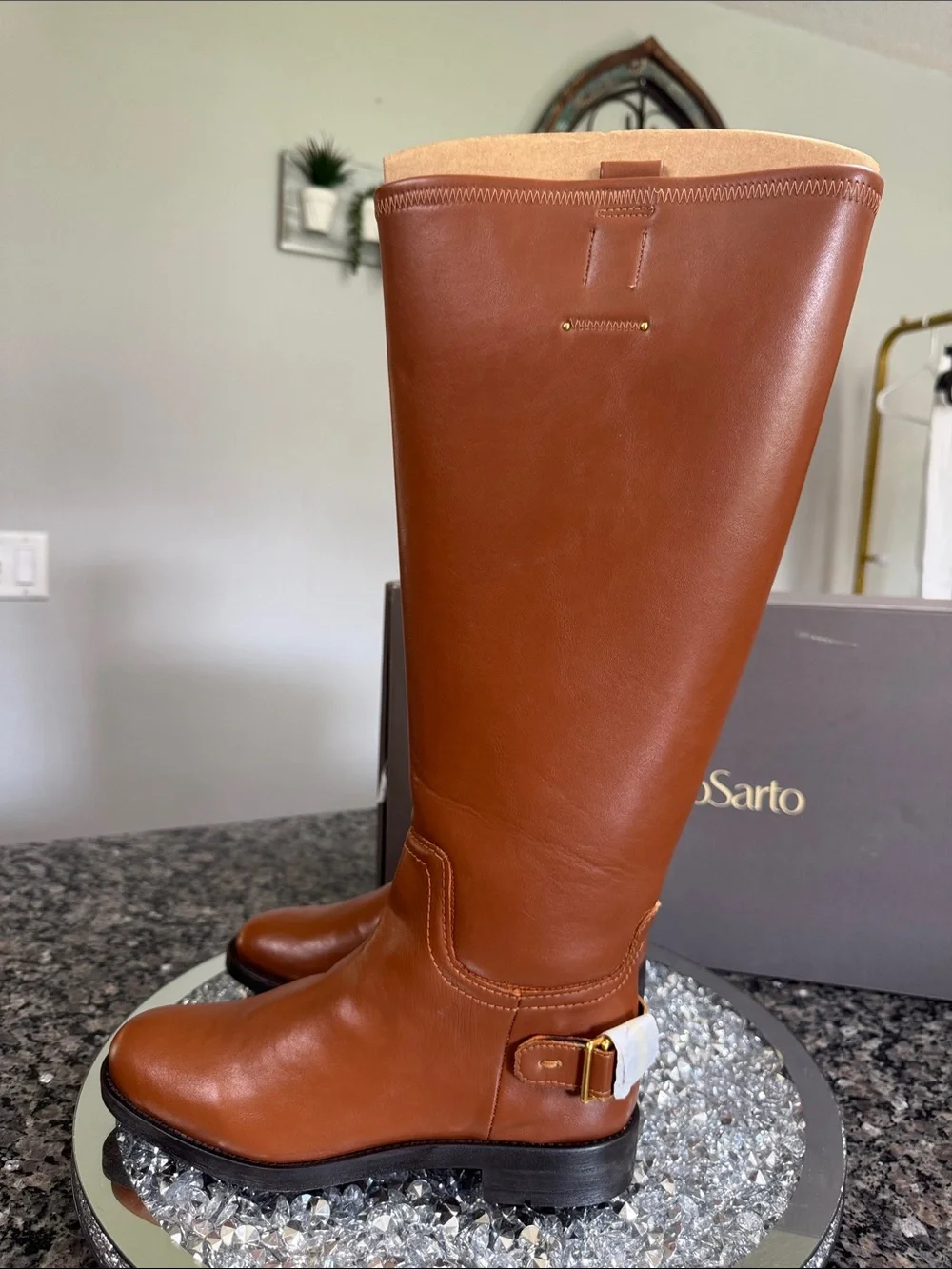 Franco Sarto Tall Cognac Over-the-Knee Boots with Gold Buckle NEW WIDE CALF 7